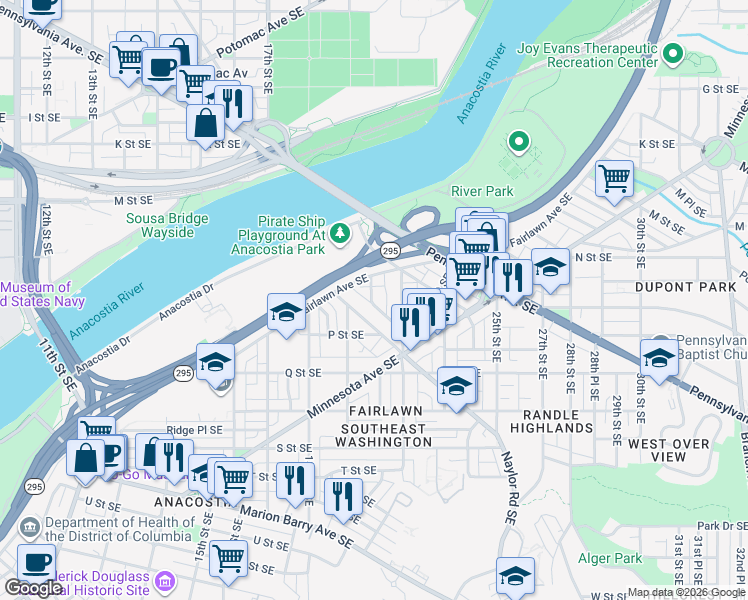 map of restaurants, bars, coffee shops, grocery stores, and more near 101 Independence Avenue Southeast in Washington