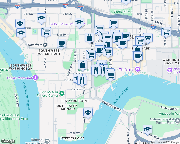 map of restaurants, bars, coffee shops, grocery stores, and more near 1345 South Capitol Street Southwest in Washington