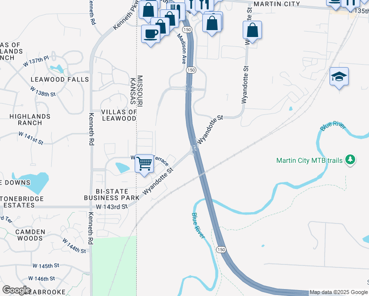 map of restaurants, bars, coffee shops, grocery stores, and more near 14001 Madison Avenue in Kansas City