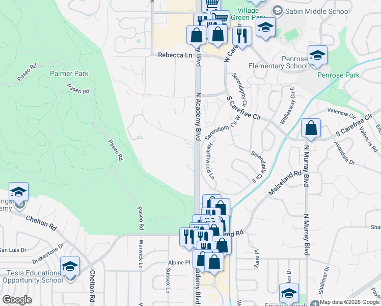map of restaurants, bars, coffee shops, grocery stores, and more near 2724 Serendipity Circle West in Colorado Springs