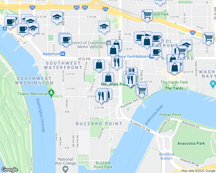 map of restaurants, bars, coffee shops, grocery stores, and more near 101 Independence Avenue Southeast in Washington