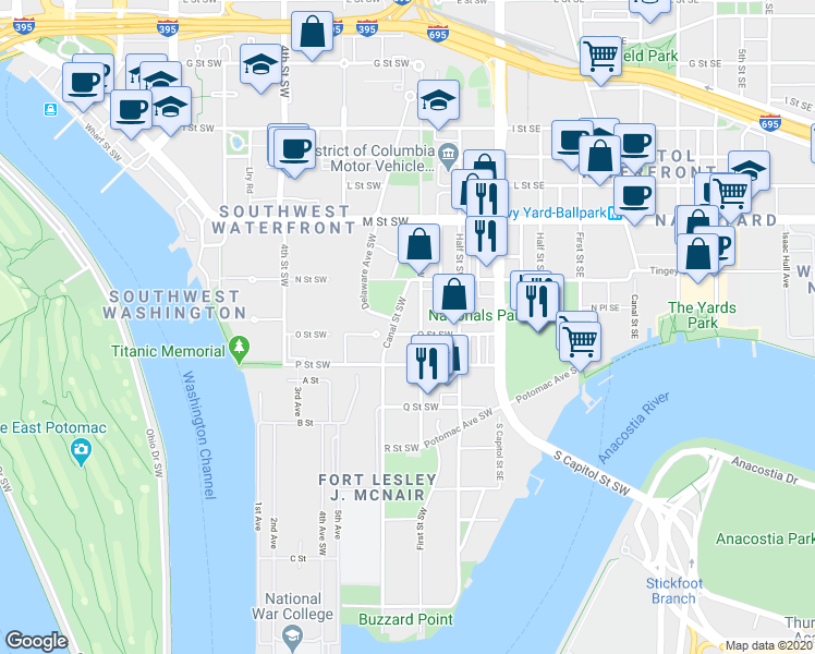 map of restaurants, bars, coffee shops, grocery stores, and more near 101 Independence Avenue Southeast in Washington