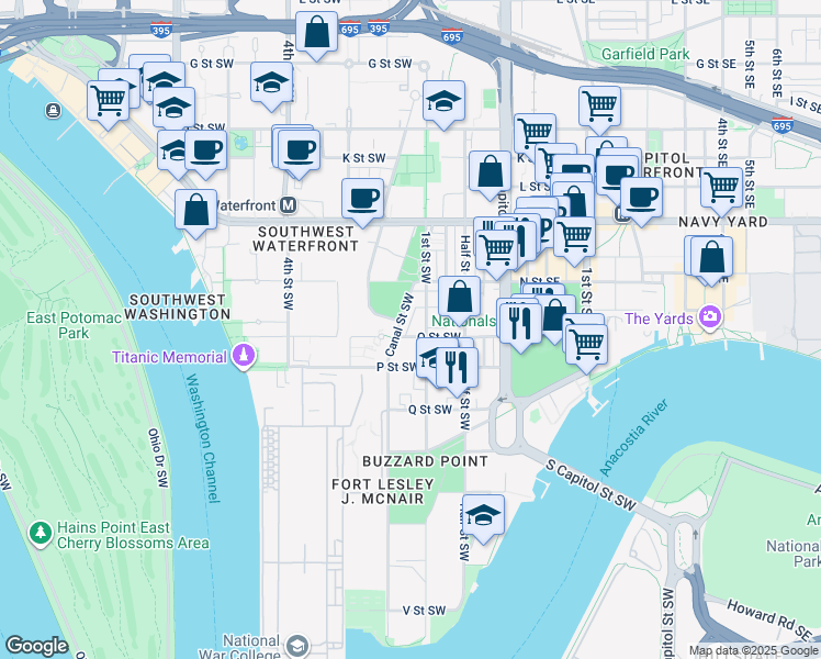map of restaurants, bars, coffee shops, grocery stores, and more near 101 Independence Avenue Southeast in Washington