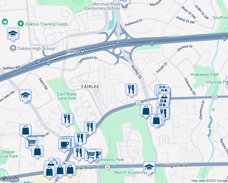 map of restaurants, bars, coffee shops, grocery stores, and more near 9346 Clocktower Place in Fairfax