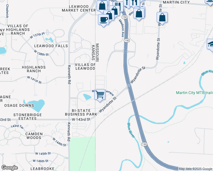 map of restaurants, bars, coffee shops, grocery stores, and more near 921 West 141st Terrace in Kansas City