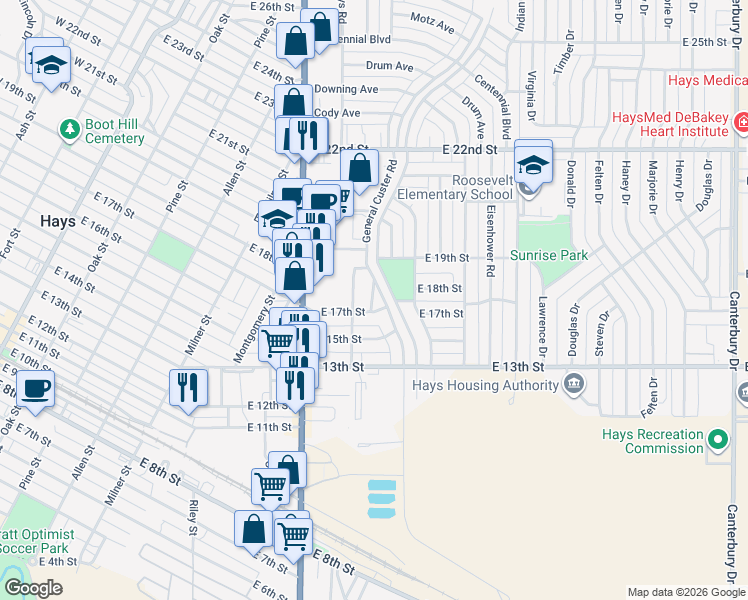 map of restaurants, bars, coffee shops, grocery stores, and more near 1104 East 17th Street in Hays