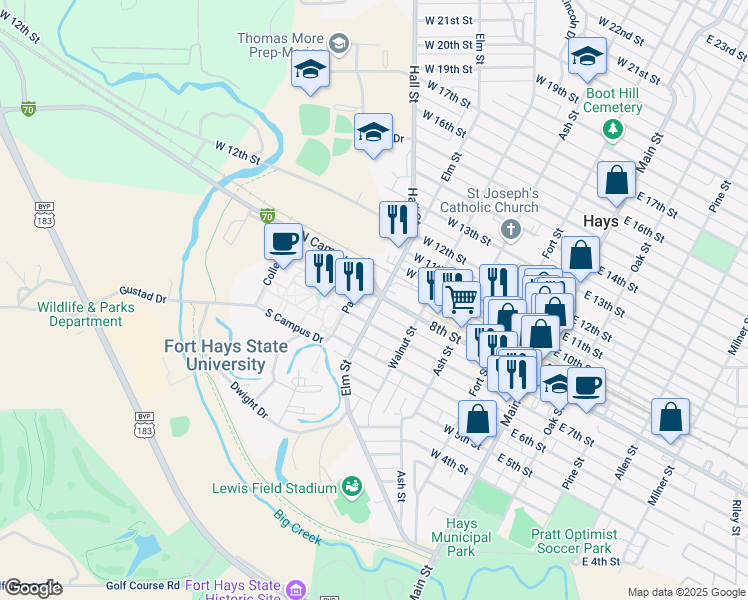 map of restaurants, bars, coffee shops, grocery stores, and more near 409 West 7th Street in Hays