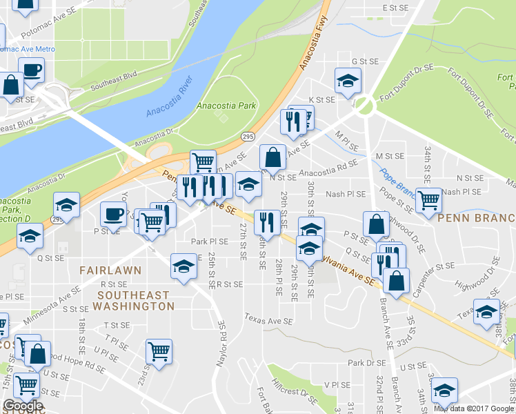 map of restaurants, bars, coffee shops, grocery stores, and more near 2714 O Street Southeast in Washington