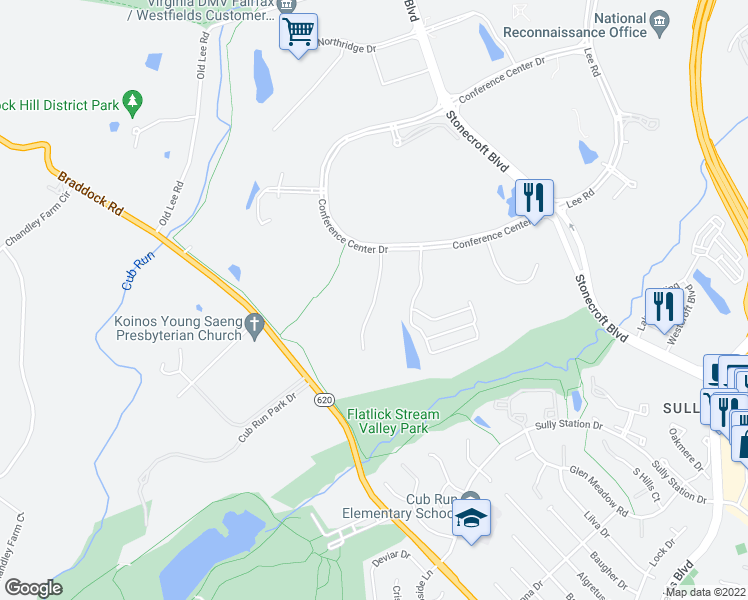 map of restaurants, bars, coffee shops, grocery stores, and more near Parkstone Drive in Fairfax County