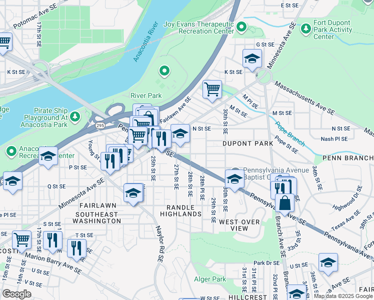 map of restaurants, bars, coffee shops, grocery stores, and more near 2714 O Street Southeast in Washington