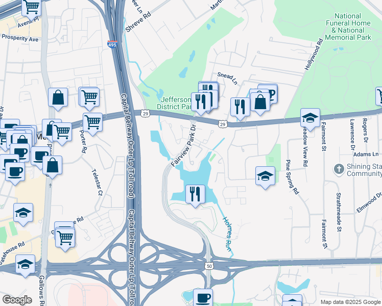 map of restaurants, bars, coffee shops, grocery stores, and more near 2841 Yarling Court in Falls Church