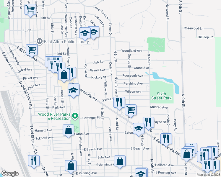 map of restaurants, bars, coffee shops, grocery stores, and more near 912 Cedar Drive in Wood River