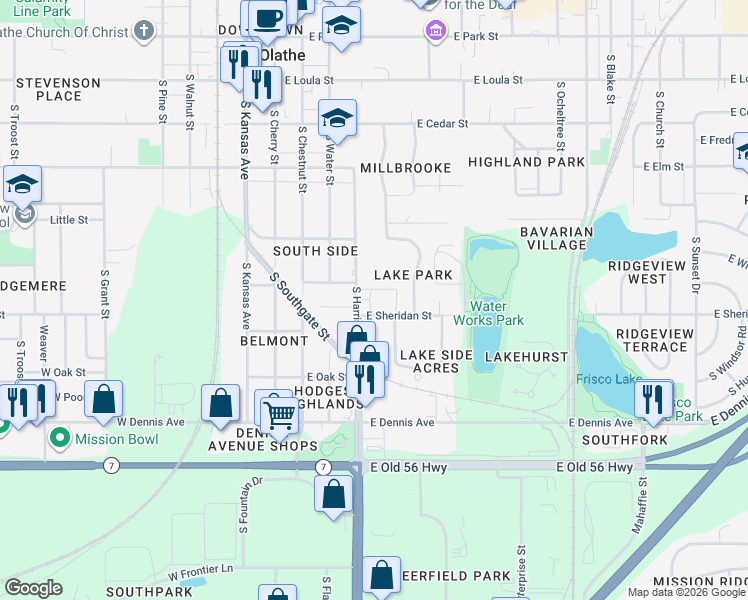 map of restaurants, bars, coffee shops, grocery stores, and more near 600 South Harrison Street in Olathe
