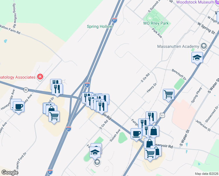 map of restaurants, bars, coffee shops, grocery stores, and more near 300 Fairground Road in Woodstock