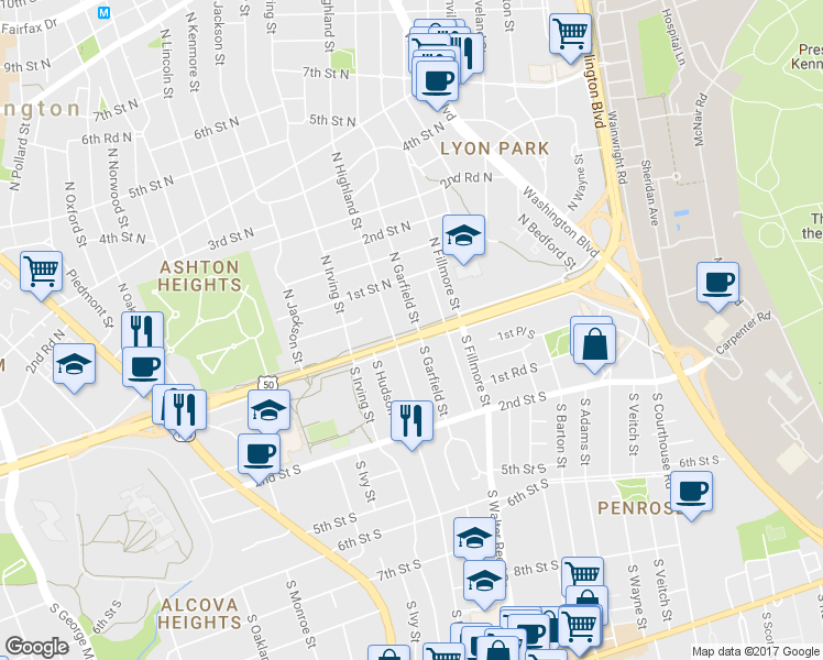 map of restaurants, bars, coffee shops, grocery stores, and more near 1530 Arlington Boulevard Trail in Arlington