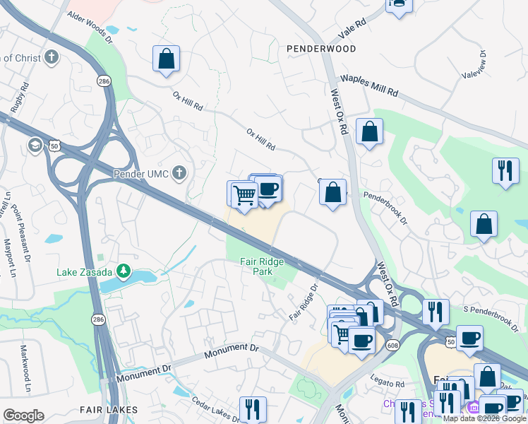 map of restaurants, bars, coffee shops, grocery stores, and more near 3903 Fair Ridge Drive in Fairfax