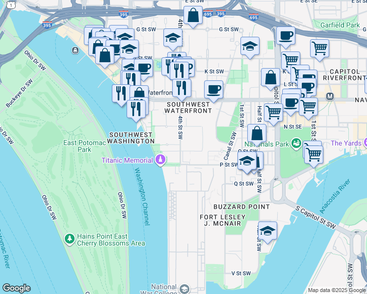 map of restaurants, bars, coffee shops, grocery stores, and more near 1376 4th Street Southwest in Washington