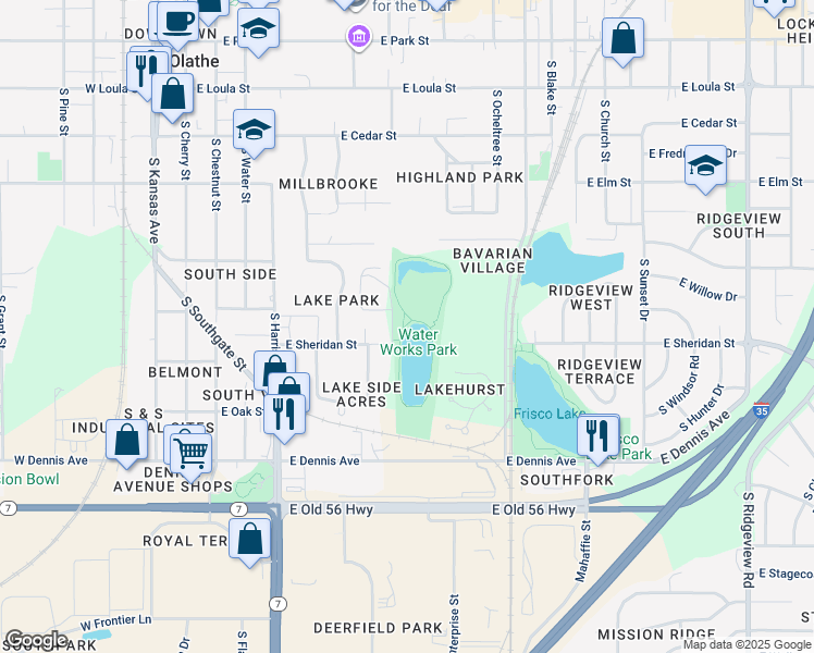 map of restaurants, bars, coffee shops, grocery stores, and more near 648 South Curtis Street in Olathe