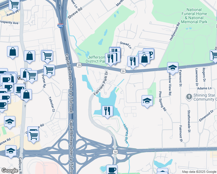 map of restaurants, bars, coffee shops, grocery stores, and more near 2799 Yarling Court in Falls Church
