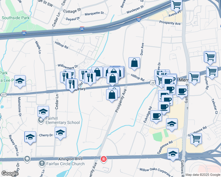 map of restaurants, bars, coffee shops, grocery stores, and more near 8435 U.S. 29 in Fairfax