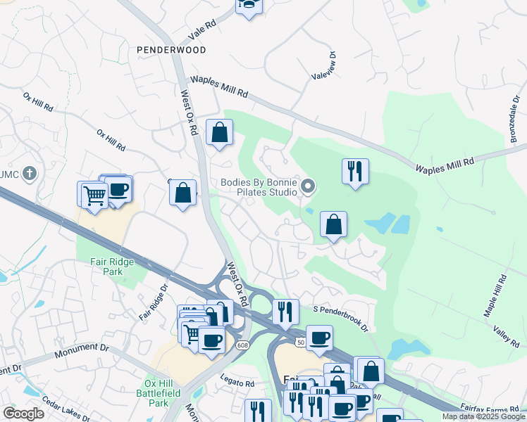map of restaurants, bars, coffee shops, grocery stores, and more near 3804 Green Ridge Court in Fairfax