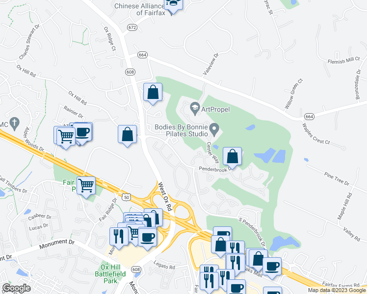 map of restaurants, bars, coffee shops, grocery stores, and more near 3804 Green Ridge Court in Fairfax