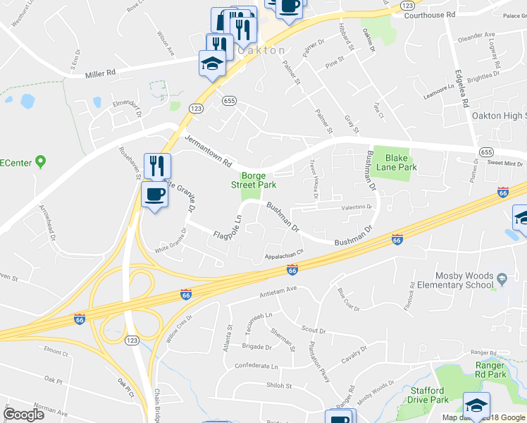 map of restaurants, bars, coffee shops, grocery stores, and more near 10337 Bushman Drive in Oakton