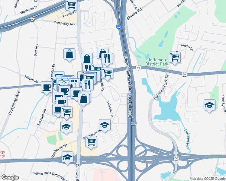 map of restaurants, bars, coffee shops, grocery stores, and more near 2929 Stillwood Circle in Falls Church