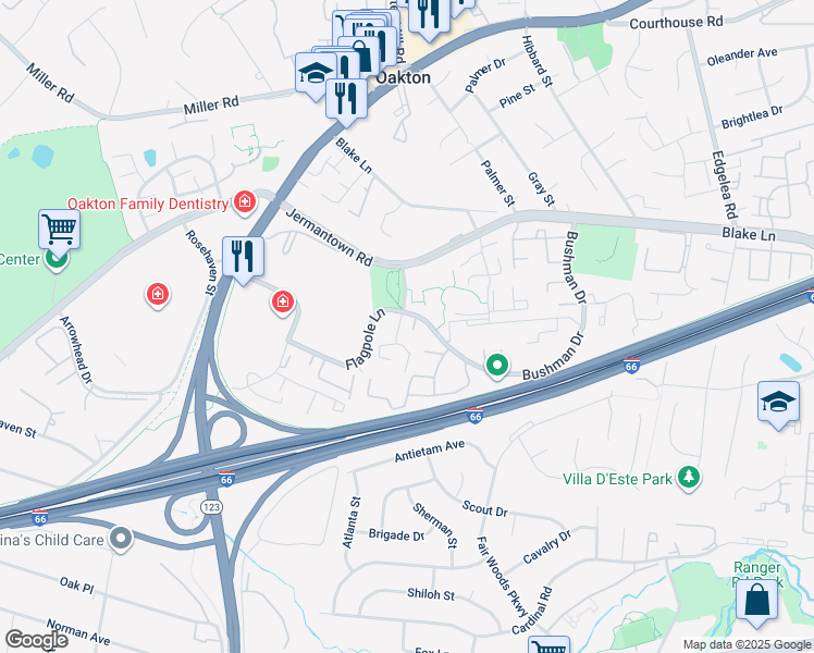 map of restaurants, bars, coffee shops, grocery stores, and more near 10337 Bushman Drive in Oakton