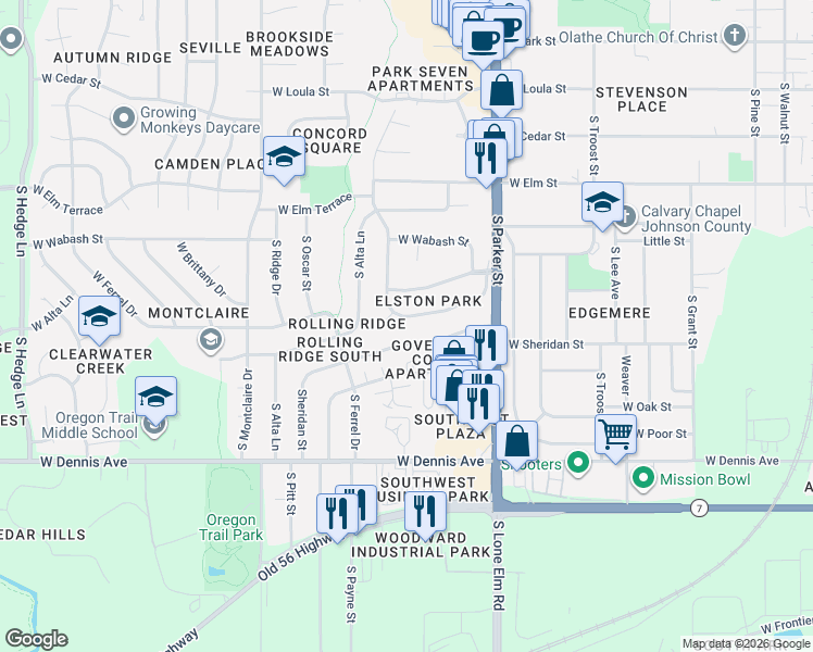 map of restaurants, bars, coffee shops, grocery stores, and more near 1104 South Valley Road in Olathe