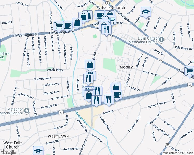 map of restaurants, bars, coffee shops, grocery stores, and more near 6642 Harriett Street in Falls Church
