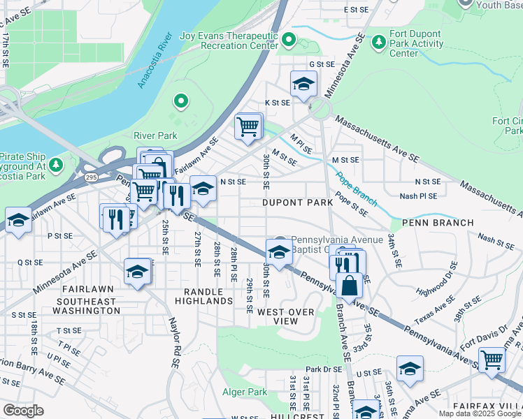 map of restaurants, bars, coffee shops, grocery stores, and more near 1339 30th Street Southeast in Washington