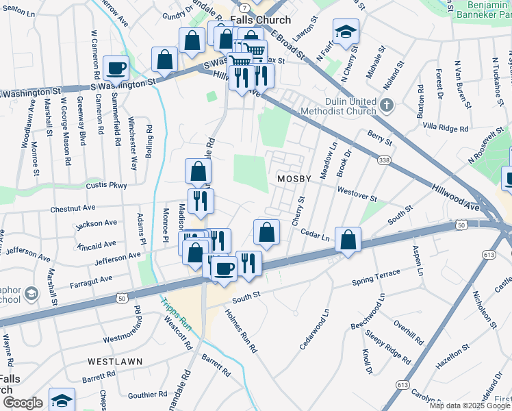 map of restaurants, bars, coffee shops, grocery stores, and more near 2901 Random Road in Falls Church