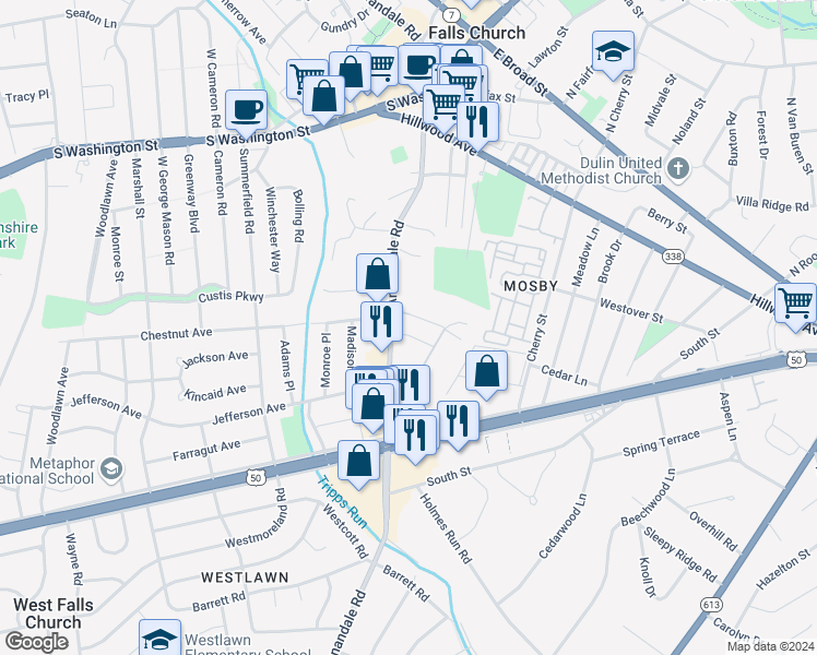 map of restaurants, bars, coffee shops, grocery stores, and more near 6642 Harriett Street in Falls Church