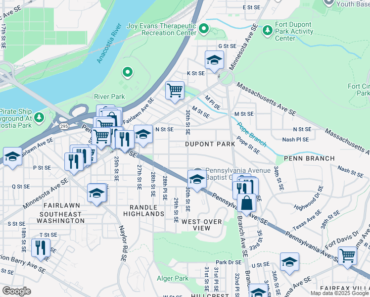 map of restaurants, bars, coffee shops, grocery stores, and more near 1339 30th Street Southeast in Washington