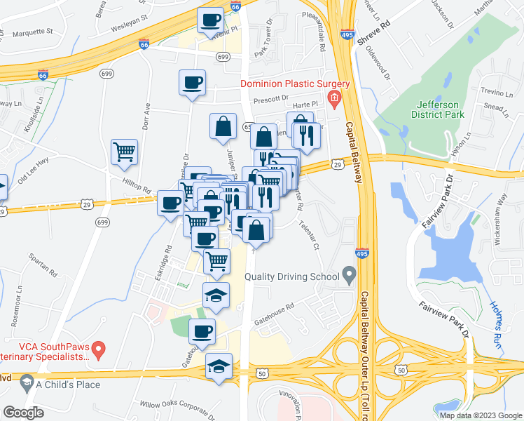 map of restaurants, bars, coffee shops, grocery stores, and more near 2903 Gallows Road in Falls Church