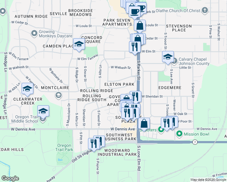 map of restaurants, bars, coffee shops, grocery stores, and more near 1104 South Valley Road in Olathe