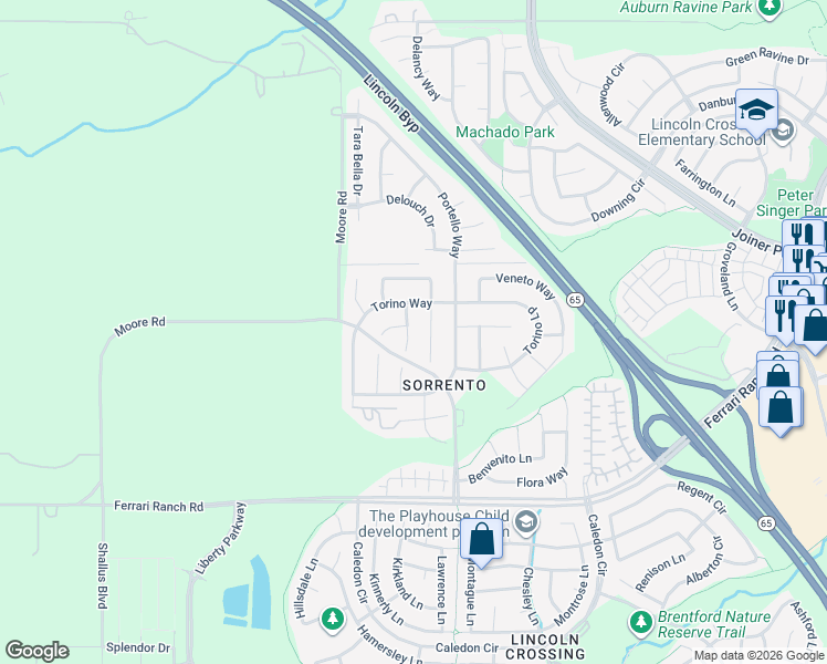 map of restaurants, bars, coffee shops, grocery stores, and more near 201 Livorno Place in Lincoln