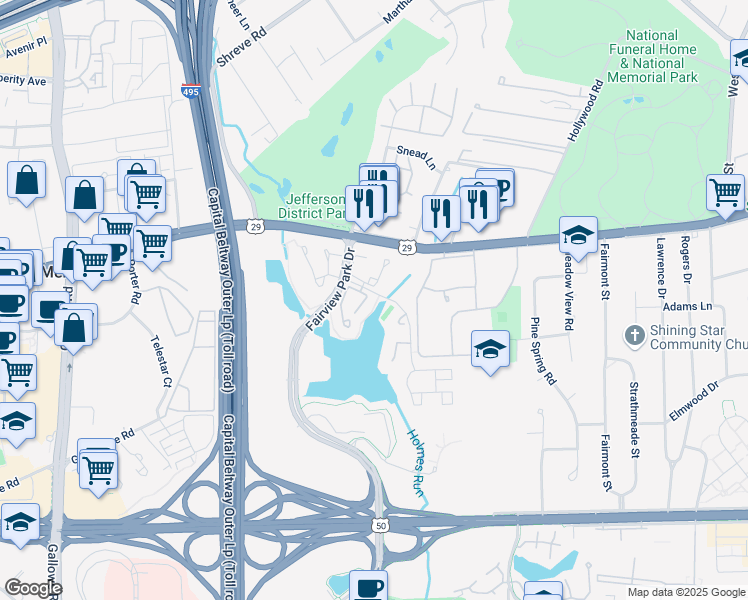 map of restaurants, bars, coffee shops, grocery stores, and more near 2852 Yarling Court in Falls Church