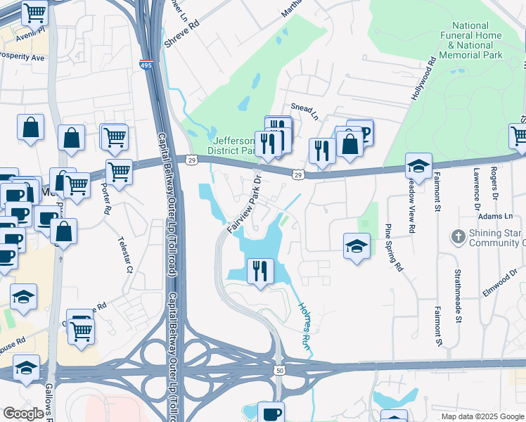 map of restaurants, bars, coffee shops, grocery stores, and more near 2807 Yarling Court in Falls Church