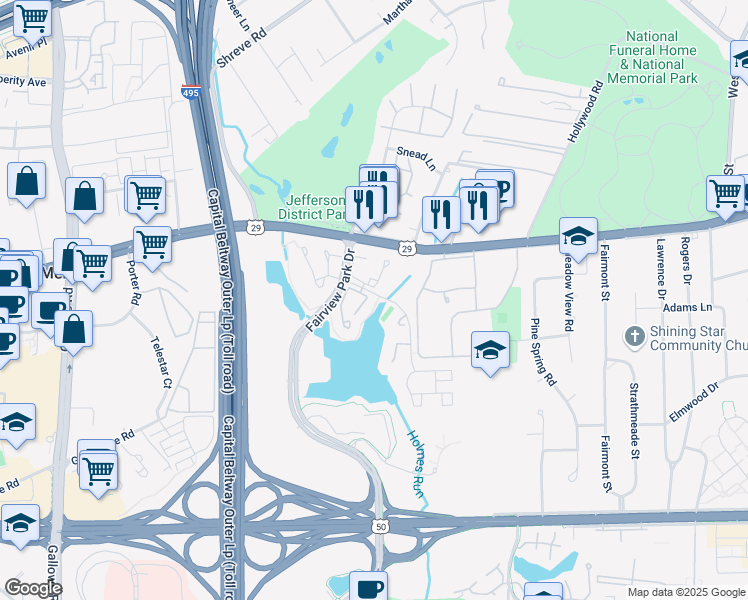 map of restaurants, bars, coffee shops, grocery stores, and more near 2852 Yarling Court in Falls Church