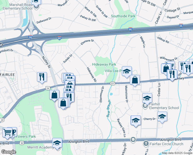 map of restaurants, bars, coffee shops, grocery stores, and more near 9010 Linda Maria Court in Fairfax