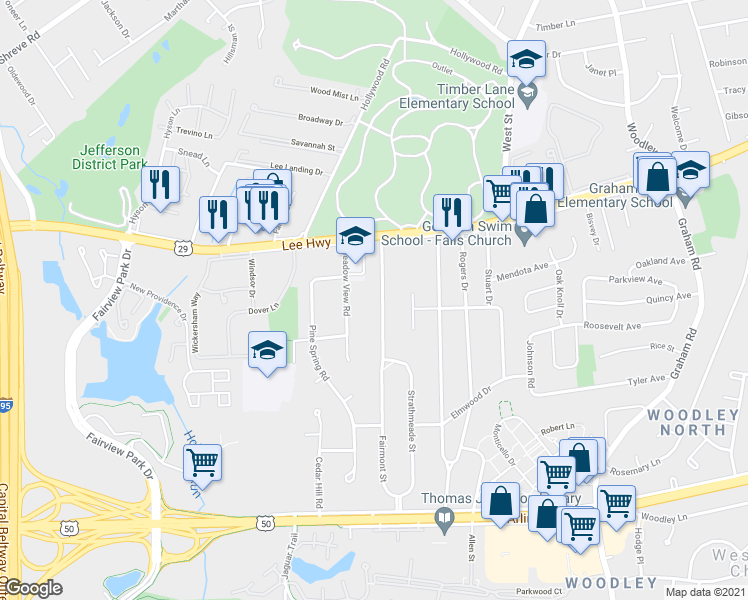 map of restaurants, bars, coffee shops, grocery stores, and more near 2902 Fairmont Street in Falls Church