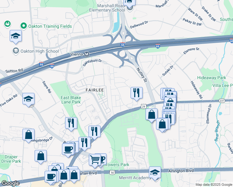 map of restaurants, bars, coffee shops, grocery stores, and more near 9340 Clocktower Place in Fairfax