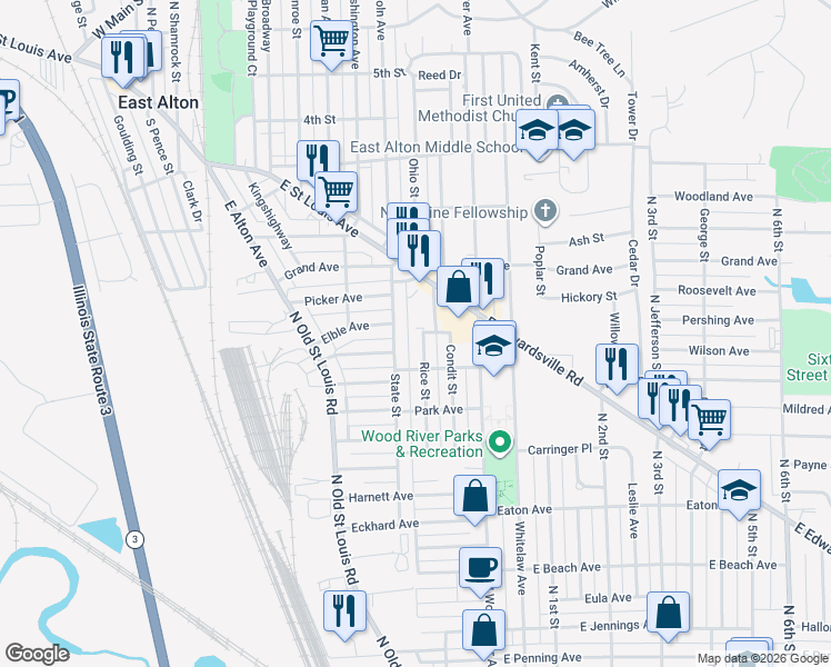 map of restaurants, bars, coffee shops, grocery stores, and more near 850 Rice Street in Wood River