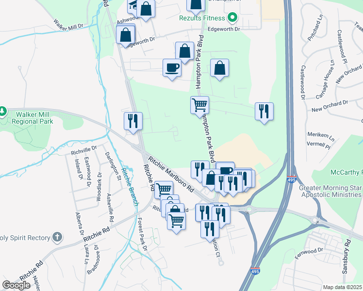 map of restaurants, bars, coffee shops, grocery stores, and more near in Capitol Heights
