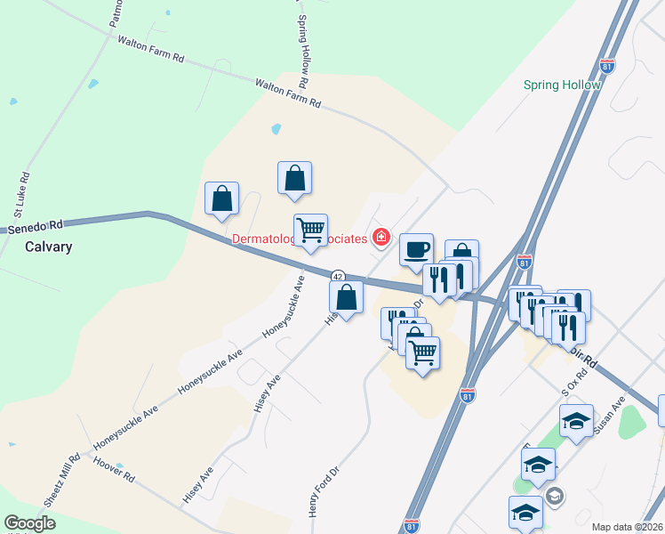 map of restaurants, bars, coffee shops, grocery stores, and more near 24305 Senedo Road in Woodstock