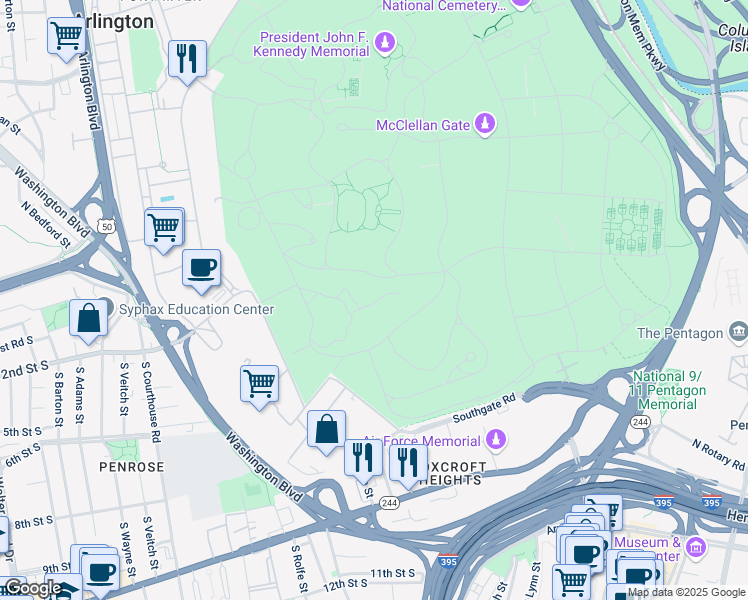 map of restaurants, bars, coffee shops, grocery stores, and more near in Arlington