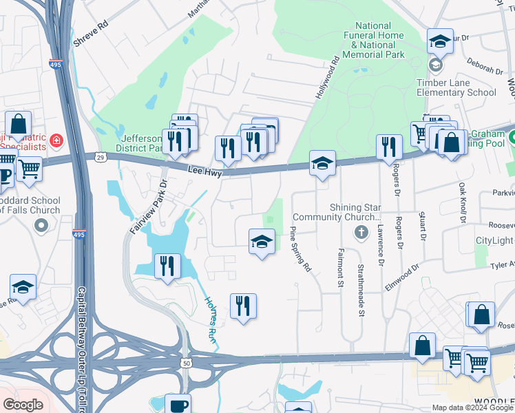 map of restaurants, bars, coffee shops, grocery stores, and more near 2864 Dover Lane in Falls Church