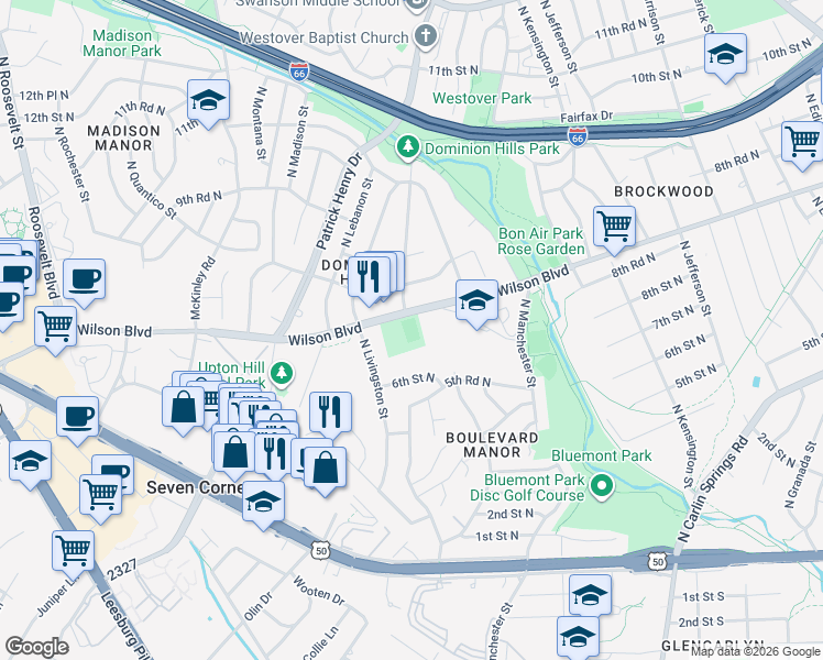 map of restaurants, bars, coffee shops, grocery stores, and more near 6020 Wilson Boulevard in Arlington